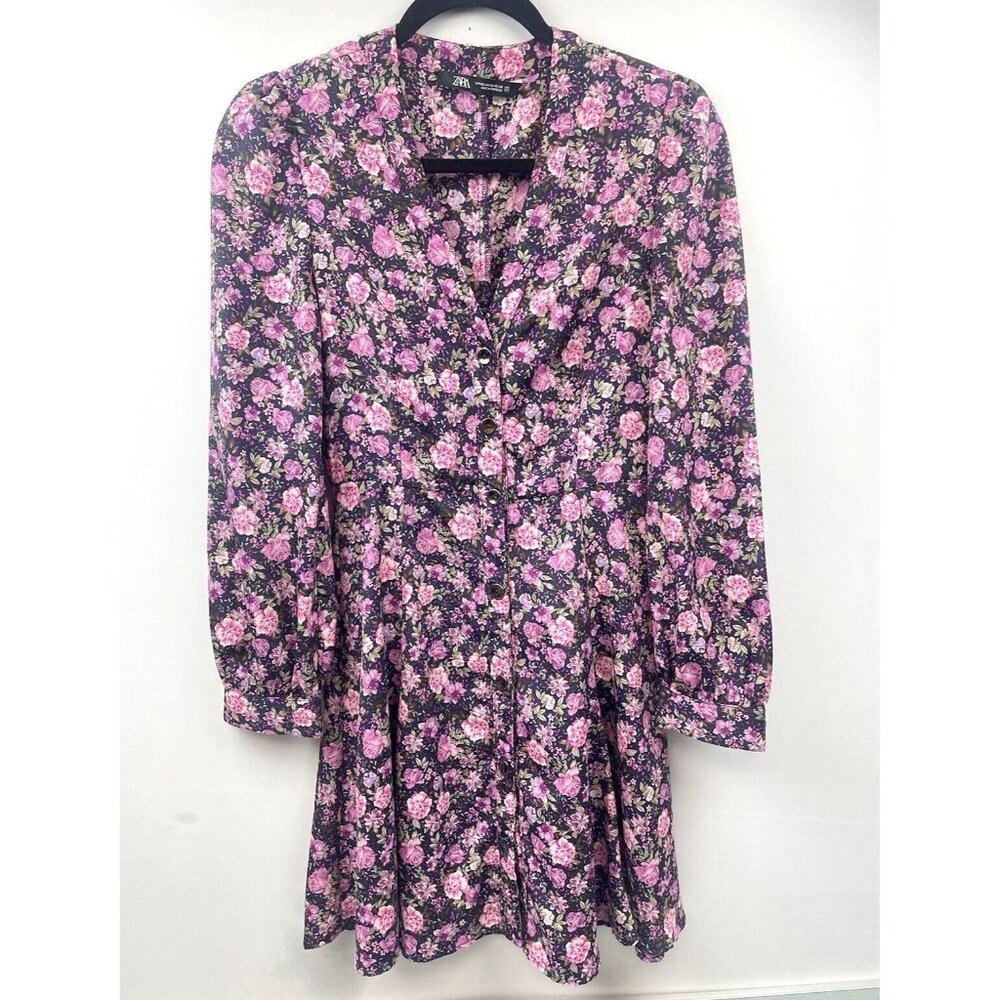 Women's ZARA PINK FLORAL LONG SLEEVE V NECK A-LINE  DRESS ZIP XS